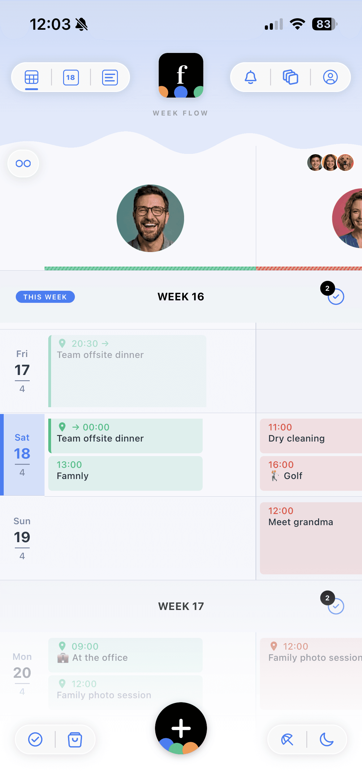 Famnly week flow with per-person color-coded events laid out across the week