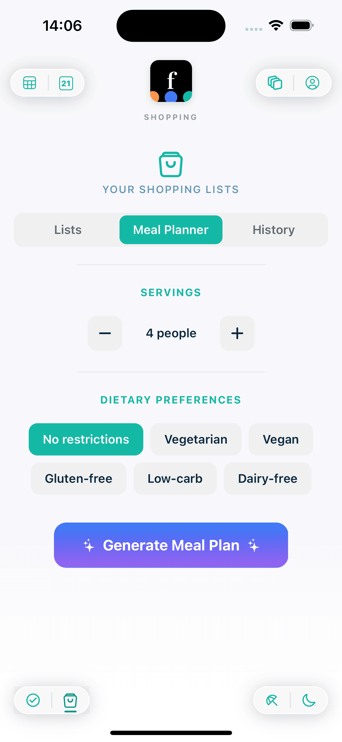 Famnly AI meal planner generating a weekly plan for the family